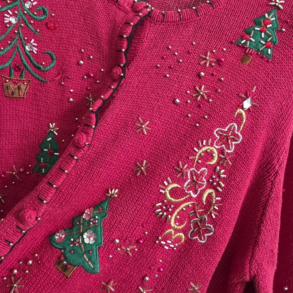 Vtg Designers Originals Studio Christmas Tree Sweater Cardigan Beads Embroidery - Picture 3 of 6